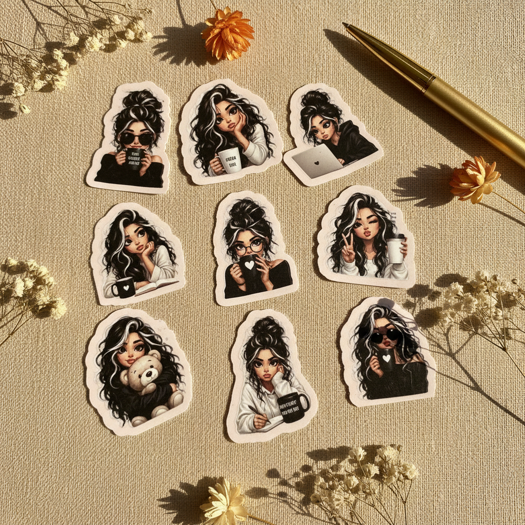9 die cut black curly hair girl stickers flat lay on linen surface