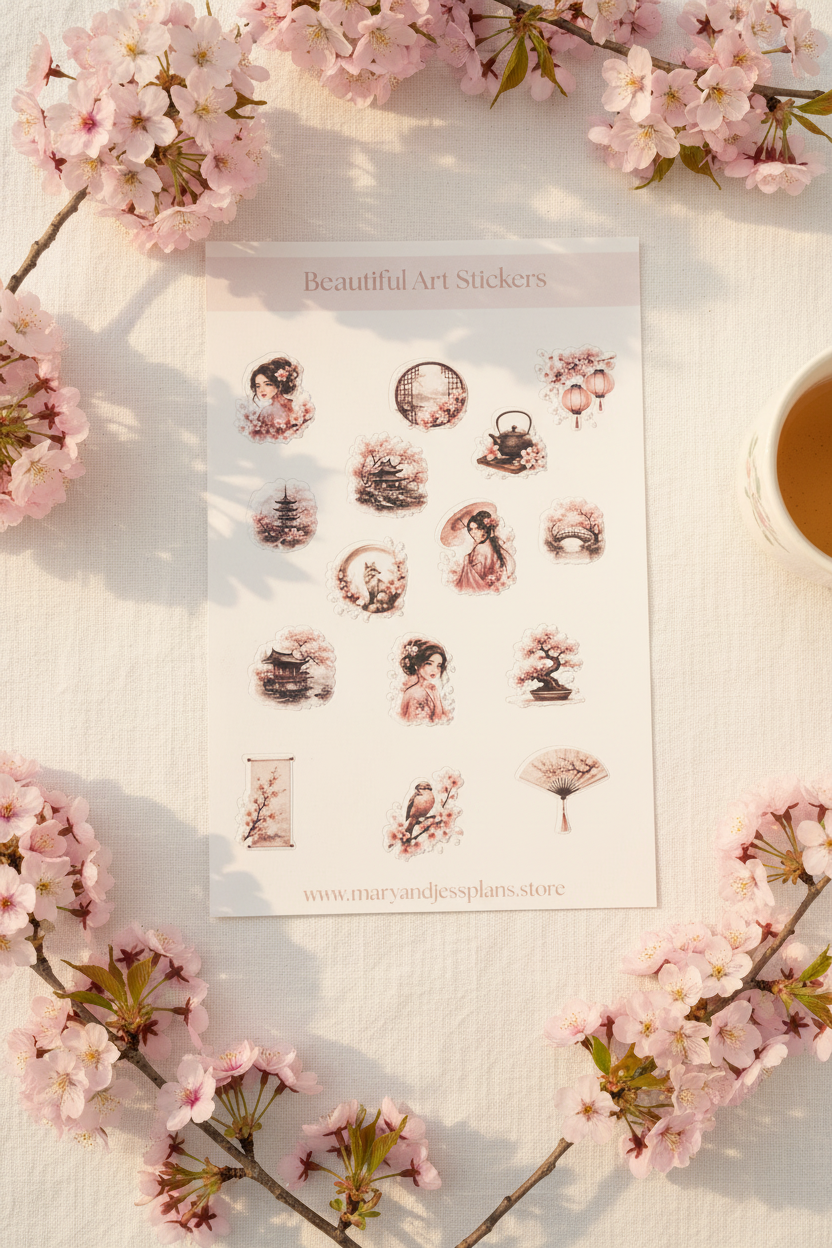 Beautiful Art Stickers 6x9 Japanese-inspired sticker sheet flat lay on white linen with cherry blossoms and tea cup