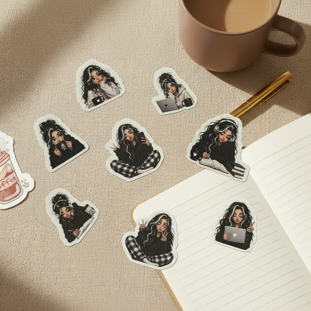 9 die cut stickers featuring illustrated curly black hair girl on warm linen surface with notebook and gold pen